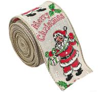 Christmas Ribbon 6.3cm x 2m Santa Pattern Linen Rustic Decor | Textured linen material for a rustic look suitable for trees wreaths and gifts easy bow tying design