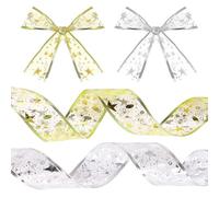 Christmas Ribbon, 63mm Silver Gold Star Ribbon for Gift Wrapping 8M Glitter Organza Xmas Ribbons Decorative Wrapping Ribbons for Christmas Party Favors DIY Crafts Package Decor Y7JYXXSD