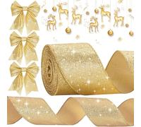 Christmas Ribbon, Christmas Decorations, 9.1m Soft Velvet Ribbons 63mm Xmas Tree Ribbon for Xmas Crafts, Gift Wrapping, Wreath, Top Bows, Sewing Xmas Tree Decorations (Flash Gold)