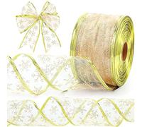 Christmas Ribbon, Christmas Tree Ribbon Organza Glittery Snowflake Wired Ribbon 2.5 Inch X 11 Yard with Spool, Ribbon for Christmas Decor Gift Packaging Crafts Home Party Decoration (Gold Ribbon)