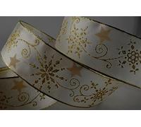 Christmas Ribbon! Cream with Gold Glitter Stars, Wired Edge. 40mm x 1M Cut from roll. Ideal for Christmas wrap and Decoration, Beautiful.