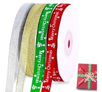 Christmas Ribbon for Gift Wrapping-Satin Ribbons Red, Green, Golden & Silver for Merry Christmas Gifts - Designs 1cm Width & 22m Length - Wired Perfect for Decorations