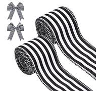 Christmas Ribbon for Tree, Black and White Striped Ribbon Wired Vertical Fabric Ribbon for Gift Wrapping Farmhouse Home Decor Birthday Christmas Halloween Thanksgiving, 2 Rolls, 2.5" x 6 Yard