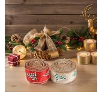 Christmas Ribbon for Wreaths Holiday Decorations - Fabric Having Wire for Edge 1.97 in X 196.85 Situated in Red and Khaki Festive Scallion Print 2-Pack(RED)