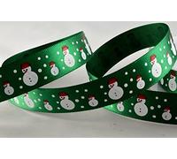 Christmas ribbon, green polyester satin with snow man design 15mm x 1 Metre cut from roll