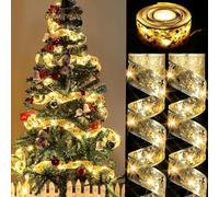 Christmas Ribbon Lights 2 Pack, 5m Gold Battery Powered Fairy Lights with Warm White LEDs, Waterproof & Flexible Indoor Outdoor String Lights for Xmas Tree, Wedding, Garden, Party & Home Decorations