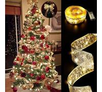 Christmas Ribbon String Lights, Long 5m/16.5ft, 50 LED Lights. Gold Ribbon with Warm Lights. Battery Powered Fairy Lights for Xmas Trees, Bow Decoration, Walls, Garden. Flexible, Durable, Waterproof