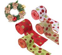 Christmas Ribbons,4 Rolls Burlap Glitter Dot Craft | Burlap Wired Ribbon,for Holiday Tree Trimming Wreath Making Door Decor Outdoor Wedding Decoration Baby Shower