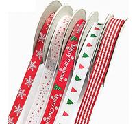Christmas Ribbons, 5 Rolls Christmas Grosgrain Ribbons Bundle, Xmas Ribbon of 5 Patterns Double Faced Satin Polyester Xmas Ribbon for Gift Wrapping, Wedding, Party (5m/Roll, Width 10mm)