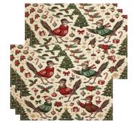 Christmas Roadrunners Bird Placemats Set of 6, 12x18 Inch, Festive Tree Hollies 6Pcs Seasonal Table Mats for Home Dinning, Xmas Holiday Party Kitchen Decor