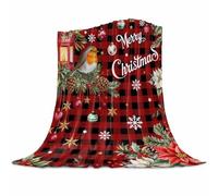 Christmas Robin Bird Throw Blanket, Poinsettia Floral Holly Fruit Xmas Ball Super Soft Warm Flannel Blankets for Bed Couch Sofa Red Plaid Lightweight Fluffy Plush Bed Throws 40x50 Inch