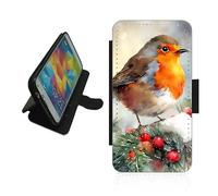 Christmas Robin phone case wallet For Apple iPhone / For Samsung Galaxy / For Google Pixel Silicone rubber holder flip case, PU leather back panel, Xmas bird, card slots. protective Phone cover ROB2