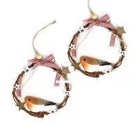 Christmas Robin Wreath Decorations 2 Pack Traditional Green Pine & Wicker Holiday Door Hanging with Red Gingham Bow, 15cm (2 x 15 cm Wicker Robin Wreath)