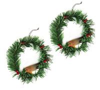 Christmas Robin Wreath Decorations 2 Pack Traditional Green Pine & Wicker Holiday Door Hanging with Red Gingham Bow, 15cm (2 x 15 cm Grass Robin Wreath)
