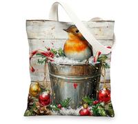 Christmas Robins Bird Canvas Tote Bag for Shopping 13 * 15, Cute Xmas Wood Hollies Reusable Grocery Bag for Women, Winter Work Travel Pattern Gift Decor