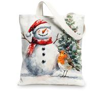 Christmas Robins Bird Canvas Tote Bag for Shopping 13 * 15, Fun Cute Xmas Snowmen Reusable Grocery Bag for Women, Winter Work Travel Pattern Gift Decor