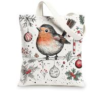 Christmas Robins Bird Canvas Tote Bag for Shopping 13 * 15, Funny Xmas Cartoon Reusable Grocery Bag for Women, Winter Travel Pattern Gift Decoration