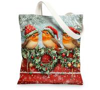 Christmas Robins Bird Canvas Tote Bag for Shopping 13 * 15, Funny Xmas Snowy Truck Reusable Grocery Bag for Women, Winter Work Travel Painting Gift Decor