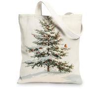 Christmas Robins Bird Canvas Tote Bag for Shopping 13 * 15, Funny Xmas Tree Berries Reusable Grocery Bag for Women, Winter Travel Pattern Gift Decoration