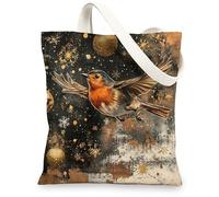 Christmas Robins Bird Canvas Tote Bag for Shopping 13 * 15, Luxury Snowflakes Balls Reusable Grocery Bag for Women, Xmas Work Travel Painting Gift Decor