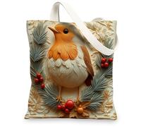 Christmas Robins Bird Canvas Tote Bag for Shopping 13 * 15, Novelty Luxury Xmas Reusable Grocery Shoulder Cloth Bag for Women, Winter Painting Gift Decor