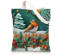 Christmas Robins Bird Canvas Tote Bag for Shopping 13 * 15, Novelty Snowy Forest Reusable Grocery Bag for Women, Xmas Travel Painting Gift Decoration