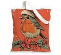 Christmas Robins Bird Canvas Tote Bag for Shopping 13 * 15, Vintage Xmas Poinsettia Reusable Grocery Bag for Women, Winter Travel Pattern Gift Decoration