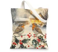 Christmas Robins Bird Canvas Tote Bag for Shopping 13 * 15, Vintage Xmas Tree Branch Reusable Grocery Bag for Women, Winter Travel Painting Gift Decoration