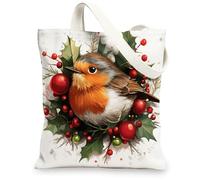 Christmas Robins Bird Canvas Tote Bag for Shopping 13 * 15, Xmas Hollies Berries Reusable Grocery Bag for Women, Winter Work Travel Pattern Gift Decor