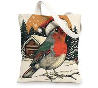 Christmas Robins Bird Canvas Tote Bag for Shopping 13 * 15, Xmas Snowy Forest Reusable Grocery Bag for Women, Winter Work Travel Painting Gift Decor