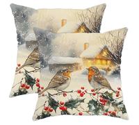 Christmas Robins Bird Pillow Covers 12x12 Set of 2, Comfy Vintage Xmas Tree Branch Printing Velvet Pillow Cases Kit with Zipper, Winter Pattern Decor Sofa Living Room