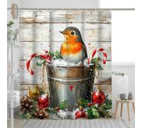 Christmas Robins Bird Shower Curtain Set 72 Inch with Hooks, Cute Xmas Wood Hollies Bathroom Decor, Winter Printed Pattern Bath Accessories