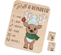 Christmas Roll-a-Reindeer Puzzle Game, Wooden Interactive Christmas Board Game, Place the Reindeer Pieces According to the Number You Roll, for Xmas Party Night Holiday. (A)