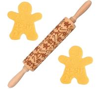 Christmas Rolling Pin Wooden 14 Inch Gingerbread Man Embossed Rolling Pin with Candy Cane, Gift Box & Rocking Horse for Baking Cookies, Pie