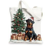 Christmas Rottweilers Dog Canvas Tote Bag for Shopping 13 * 15, Xmas Tree Gifts Reusable Grocery Bag for Women, Pet Work Travel Painting Gift Decor