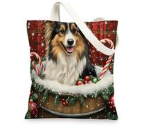 Christmas Rough Collie Dog Canvas Tote Bag for Shopping 13 * 15, Xmas Farmhouse Plaid Reusable Grocery Shoulder Cloth Bag for Women, Pet Painting Gift Decor
