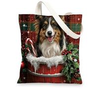 Christmas Rough Collie Dog Canvas Tote Bag for Shopping 13 * 15, Xmas Farmhouse Plaid Reusable Grocery Shoulder Cloth Bag for Women, Pet Painting Gift Decoration
