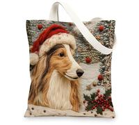 Christmas Rough Collie Dog Canvas Tote Bag for Shopping 13 * 15, Xmas Novelty Tree Reusable Grocery Shoulder Cloth Bag for Women, Pet Painting Gift Decoration