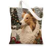 Christmas Rough Collie Dog Canvas Tote Bag for Shopping 13 * 15, Xmas Novelty Tree Reusable Grocery Shoulder Cloth Bag for Women, Pet Painting Gift Decor