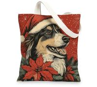 Christmas Rough Collie Dog Canvas Tote Bag for Shopping 13 * 15, Xmas Poinsettia Reusable Grocery Shoulder Cloth Bag for Women, Pet Painting Gift Decoration