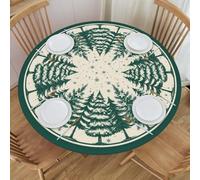 Christmas Round Fitted Tablecloth with Elastic Edge Rustic Forest Green Xmas Tree Pattern Table Cloth Washable Reusable Table Cover for Holiday Kitchen Home Party Fits 45-50"