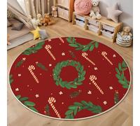 Christmas Round Rug 180cm, Washable Non Slip Wreath Candy Canes Circle Area Rugs, Living Room Bedroom Hall Bedside Dining Room Indoor Carpet, Low Pile Red Carpets