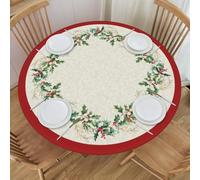 Christmas Round Tablecloth Winter Green Leaf Red Tan Table Cloth Washable Fitted Table Cover with Elastic Edge for Kitchen Patry Outdoor Decor Fits 45"-50", Medium