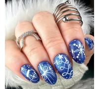 Christmas Royal Blue Press on Nails Snowflake Glitter Star False Nails | Short Oval Fake Nails with Christmas Snowflake Glitter Stars Designs Acrylic Nails for Women Girls 24Pcs