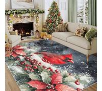 Christmas Rugs - Snow Scene Poinsettia Cardinal Area Rugs for Living Room Bedroom, Washable Non Slip Low Pile Carpet 100x150 cm, Patterned Rug & Christmas Decorations QAZ42