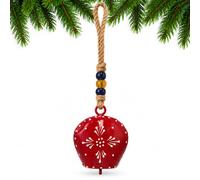 Christmas Rustic Chime Bell Handcrafted Rounded Red Cowbell with Intricate White Floral Burst Pattern, Shabby Chic Festive Hanging Ornament with Navy & Gold Glass Beads. (Red 8")