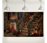 Christmas Rustic Staircase Backdrop, Holiday Decorative Wall Art, Cozy Indoor Photography Background for Winter Festivities 71x43 Inch