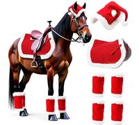 Christmas Saddle Pad Set 6 Pc, Festive Horse Riding Set with Santa Hat and Leg Wraps, Soft Plush Pad for Xmas Fun and Photo Shoots