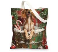 Christmas Saluki Dog Canvas Tote Bag for Shopping 13 * 15, Xmas Farmhouse Plaid Reusable Grocery Bag for Women, Pet Work Travel Pattern Gift Decor
