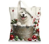 Christmas Samoyed Dog Canvas Tote Bag for Shopping 13 * 15, Cute Xmas Wood Reusable Grocery Bag for Women, Pet Work Travel Painting Gift Decor